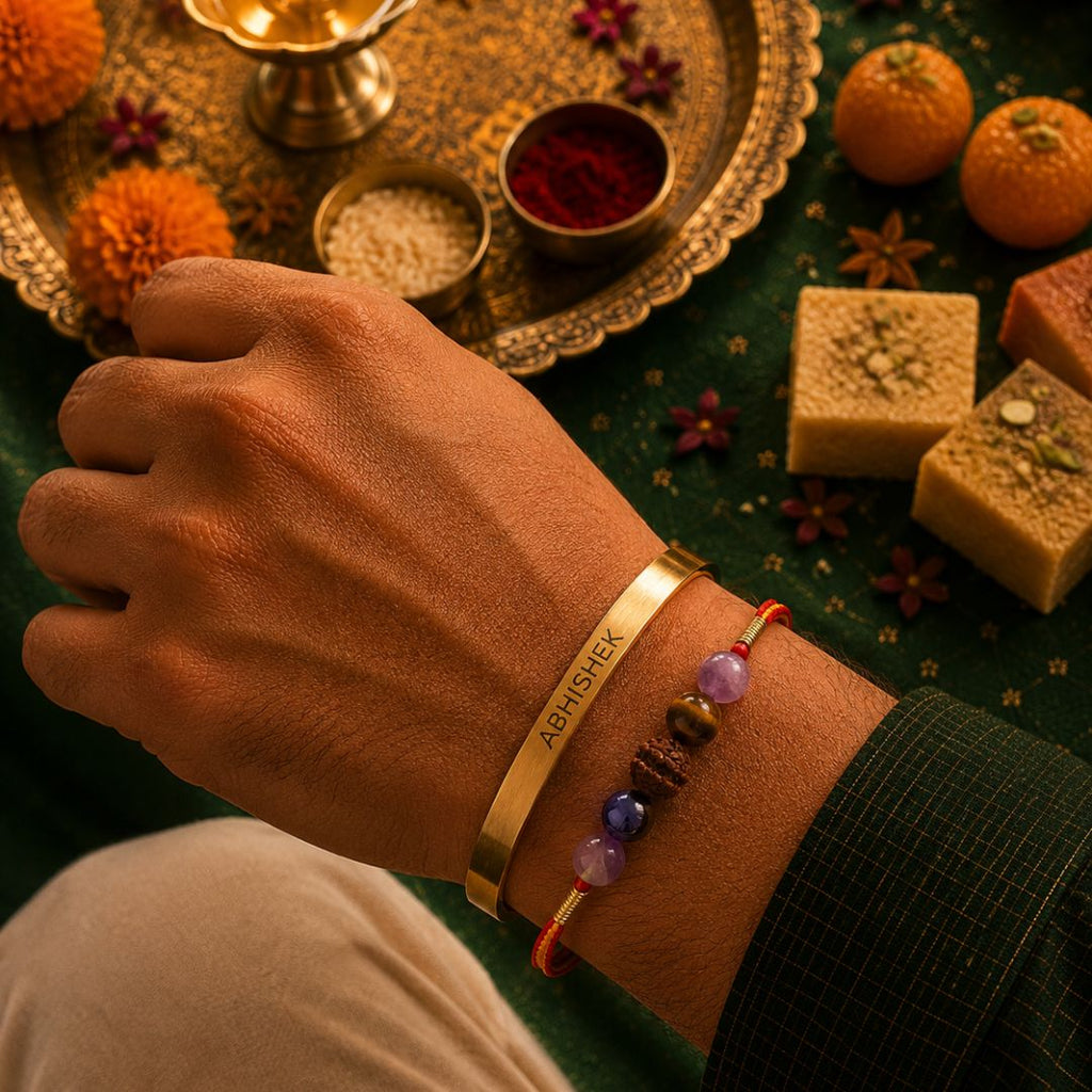 Natural Stone Rakhi & Personalised Bracelet Gift Set