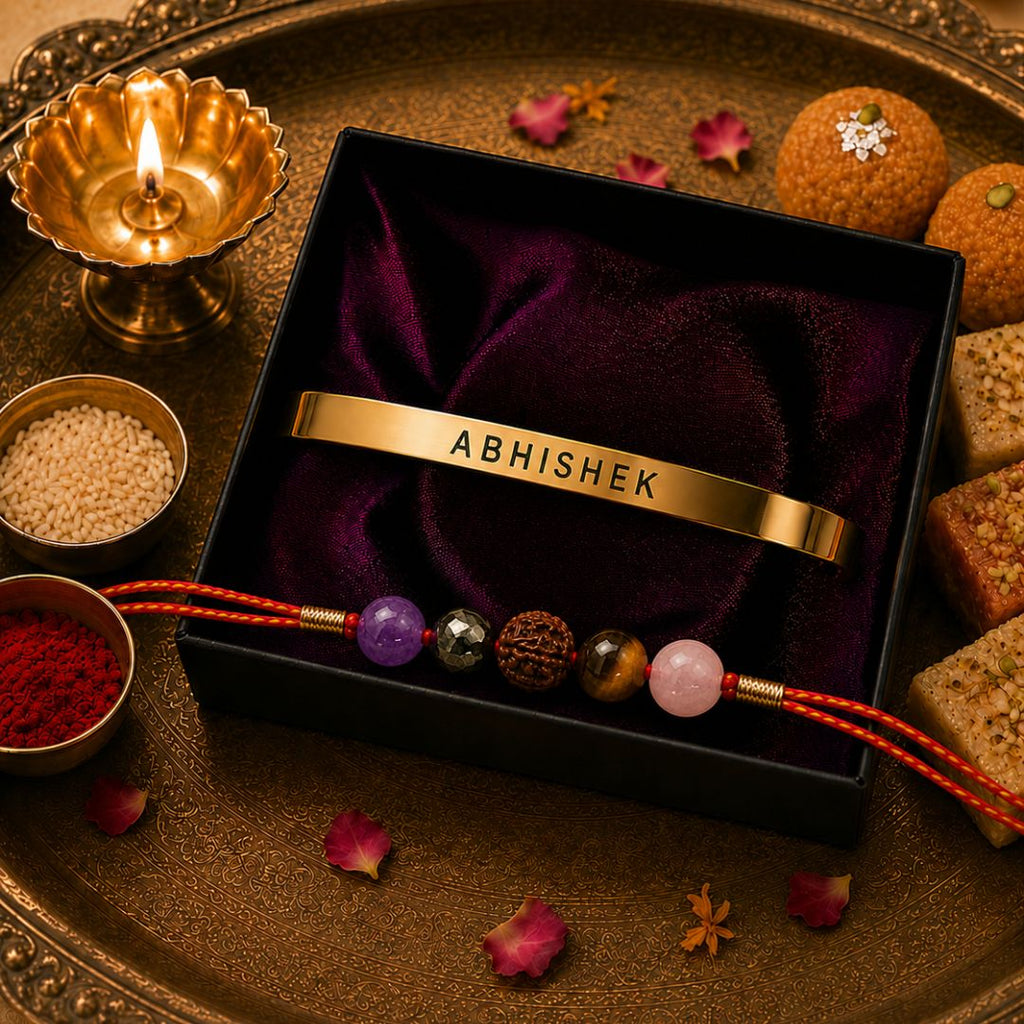 Natural Stone Rakhi & Personalised Bracelet Gift Set
