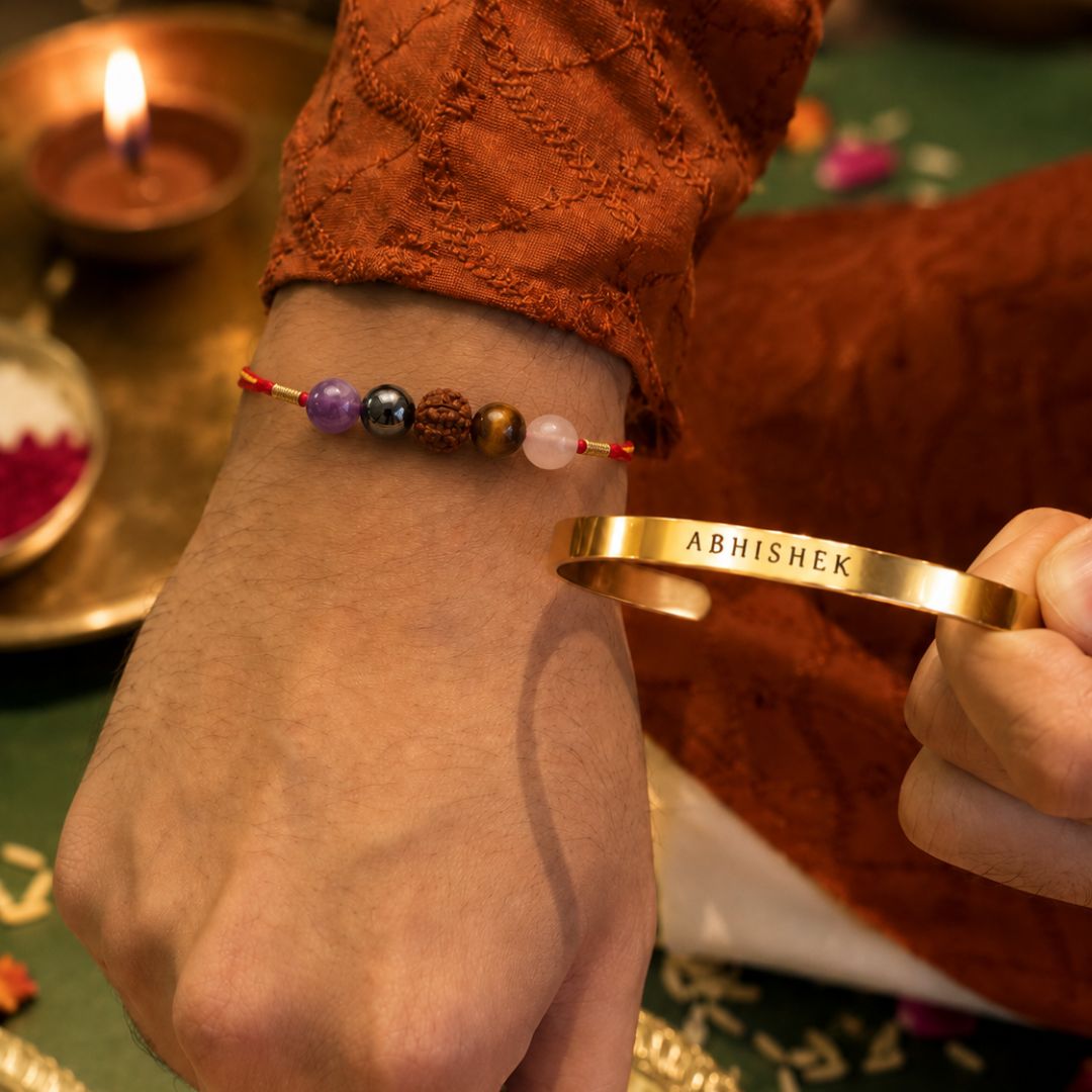 Natural Stone Rakhi & Personalised Bracelet Gift Set